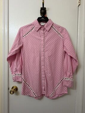 Pink Striped Button-Up Shirt with Eyelet Trim